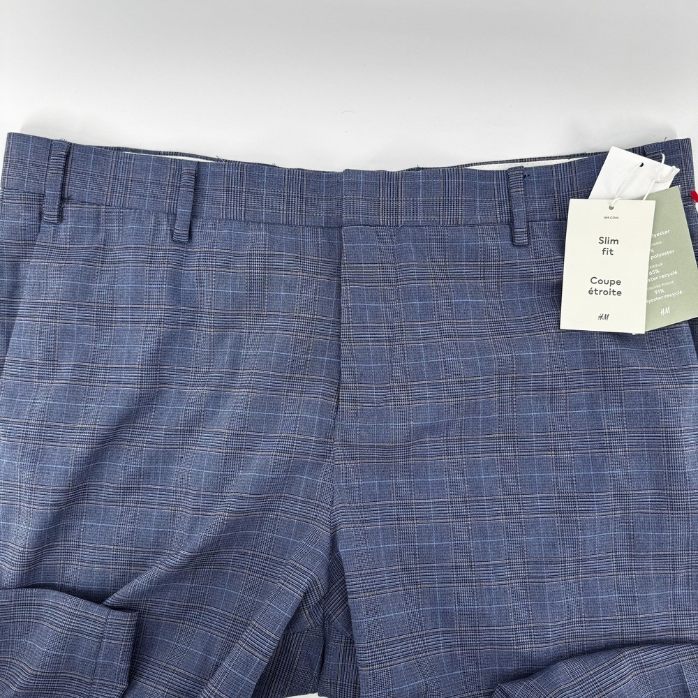 H&M Pants Mens 40R Blue Slim Fit Plaid Dress Slacks Checked Office Trousers